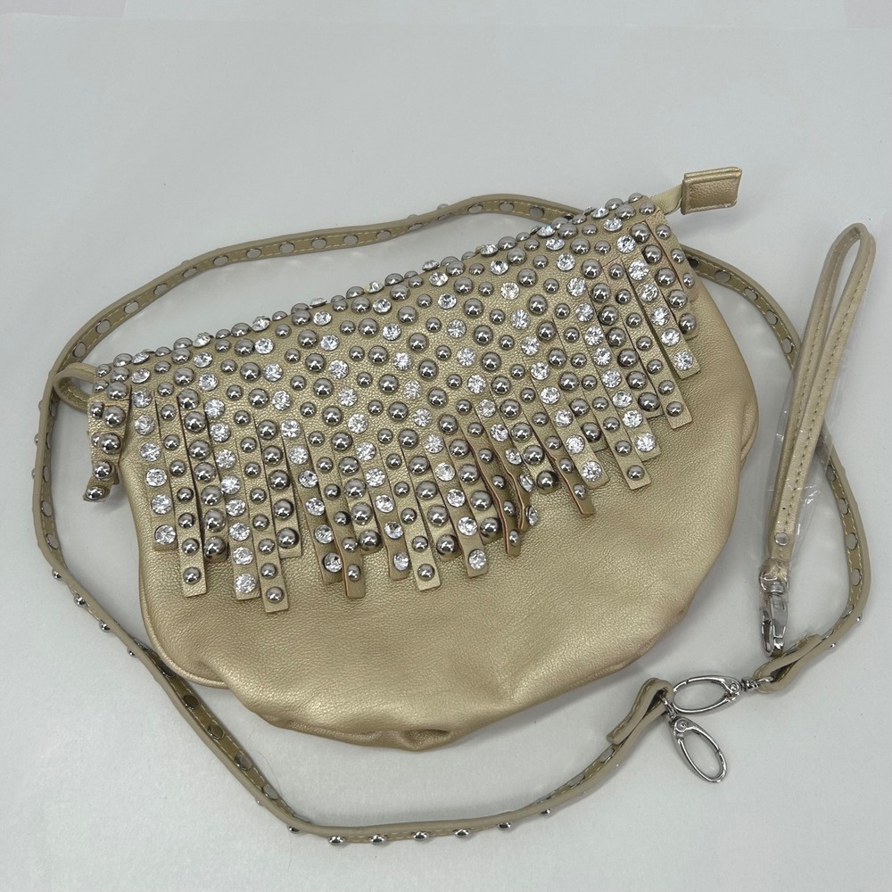 Womens Glam Studded Fringe Crossbody Bag Gold Rhinestone Festival Imoshion